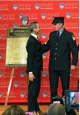 Firefighter Robert Paolillo meets bone marrow recipient Jeff Faller at FDNY/NYBC Honor Roll of Life Induction Ceremony.