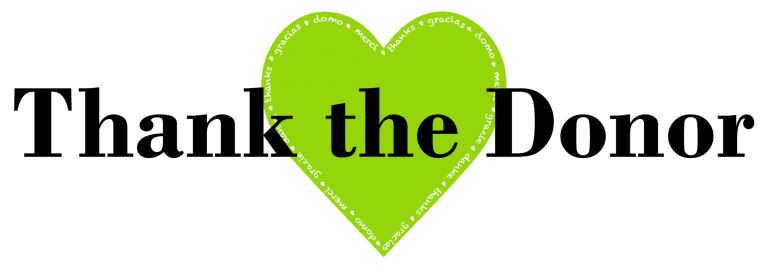Thank the donor logo featuring Thank the Donor letting in black over a green heart
