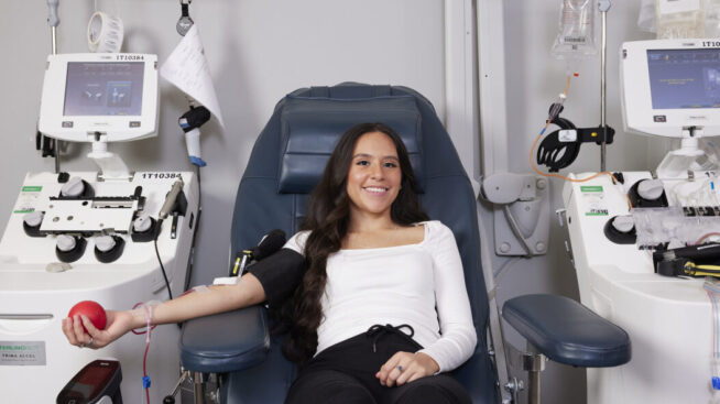 Donor in donation chair at New York Blood Center