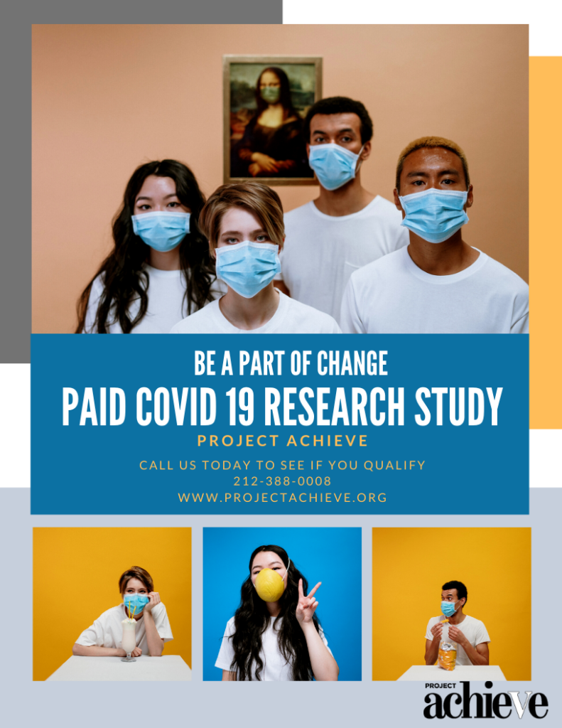 Four people with personal protection masks on poster reading "Be a Part of Change: Paid COVID 19 Research Study"