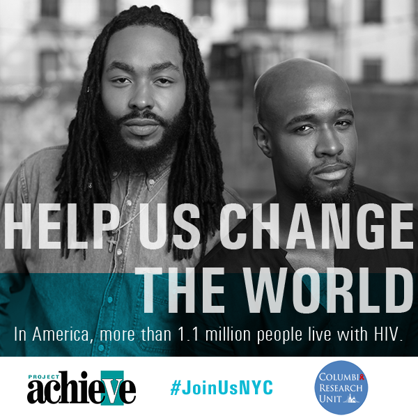 Two males looking into camera on sign reading "Help Us Change the World" In America , more than 1.1 million people live with HIV."
