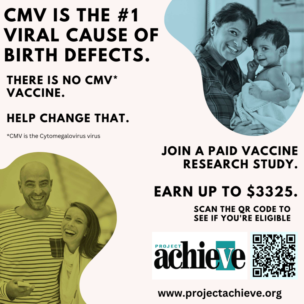 Poster with mother and baby reading "CMV is the #1 Cause of Birth Defects."