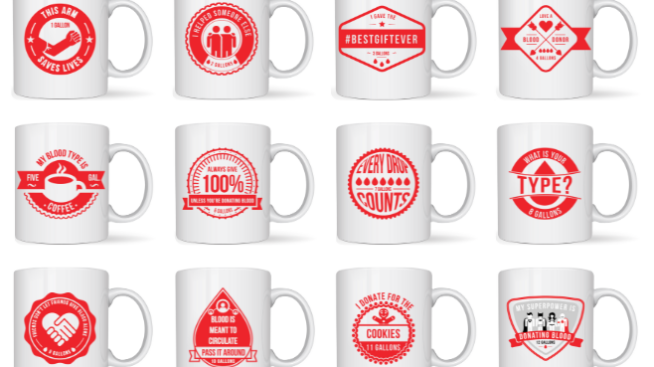 Image featuring 12 white Rhode Island Blood Center Gallon Mugs with assorted logos based on blood donation level.