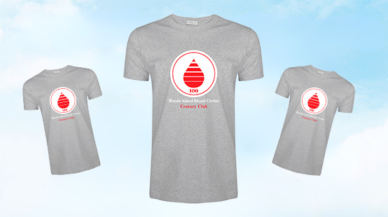 Three Century Club t-shirts with a red blood drop logo featured.