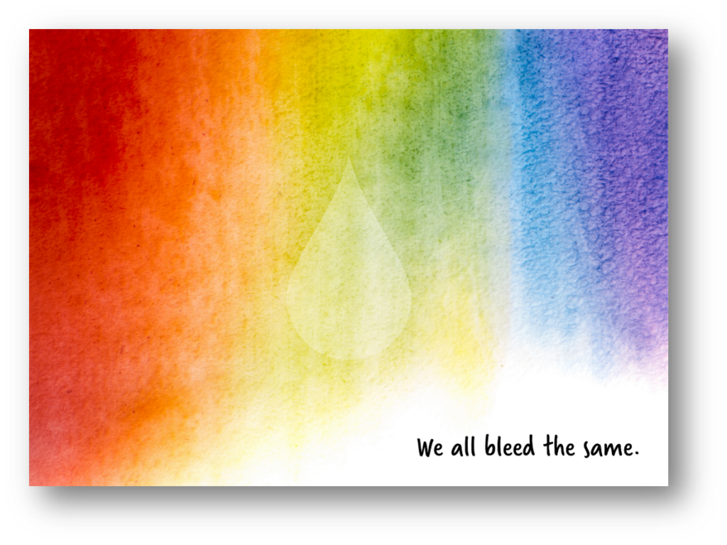 Rainbow colored mural with the phrase "We all bleed the same" in the lower right corner.