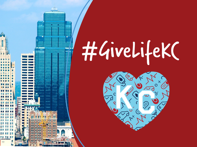 Red blood drop with #GiveLifeKC in front of Kansas City skyline.