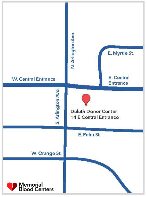 Map displaying location of new Duluth Donor Center located at 14 E. Central Entrance.